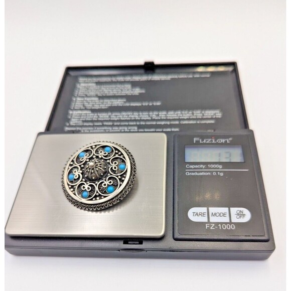 935 Sterling Silver Turquoise Jerusalem Israel Etruscan Revival Brooch Pendant - Picture 15 of 16